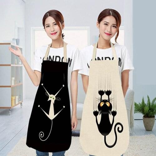 Easy Cleaning Cute Cartoon Cat Printed Cotton Linen 68x55cm Waterproof Waist Bib Sleeveless Kitchen Apron Home Cleaning Tools