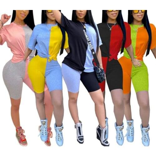 New Women Casual Patchwork Sports Suit Female Crop Top Shorts Outfit Yoga Workout Clothes Tracksuit Outfits Home suit