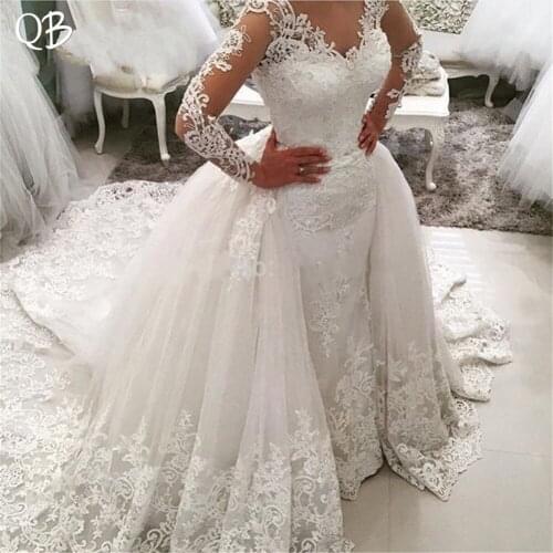 Custom Made Wedding Dresses Mermaid Detachable Skirt Long Sleeve Lace Pearls Beaded Sexy Luxury Wedding Gowns Plus Size ZD79