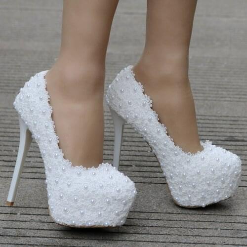 Crystal Queen White Lace Wedding Shoes Bride 14cm High Heels Platform Sweet Party Dress Woman beading Pumps