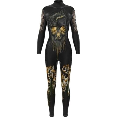 Zentai Tight Sexy Bodysuit Skull Printing Cosplay Costume Halloween Party Show Jumpsuits Carnival Dress Up Outfit Funny Romper