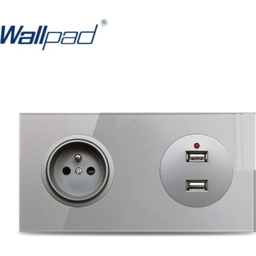 Wallpad French Wall Electric Socket With Double USB Charging Port 2.1A Grey Crystal Tempered Glass Double Panel