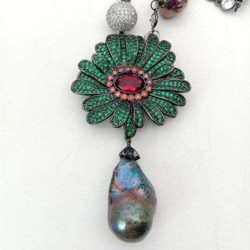 YYGEM 22" Black Keshi Pearl Jade chain Necklace CZ Pave Gumetal plated flower Pendant