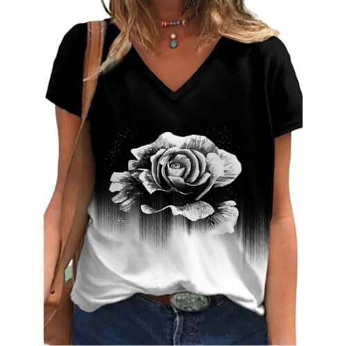 2021 New Women 3D Flower Print T Shirt Summer Short Sleeve V-Neck Loose Oversized Tops Casual Vintage Female Tee Plus Size S-5XL