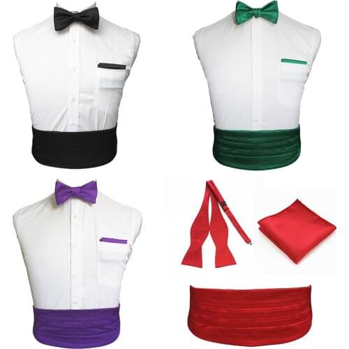 JEMYGINS Silk Solid Black Red Gentleman Set Bow Tie& Pocket Square& Cummerbund Simple Exquisite Tie For Dinner Party Wedding