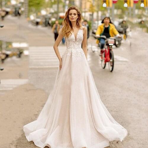 SoDigne Shiny Wedding Dresses Sexy V Neck Backless Glitter Boho Bridal Dresses Plus Size Princess Wedding Gowns For Women