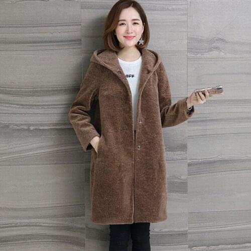 Women winter sheep shearing fur coat fur overcoat female medium long hooded one wool outerwear