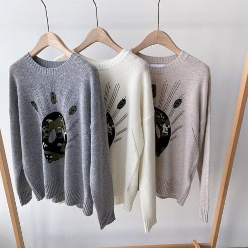 100% Cashmere Women Sweater 2020 Skull Pattern Rhinestone Cashmere Pullover Sweater