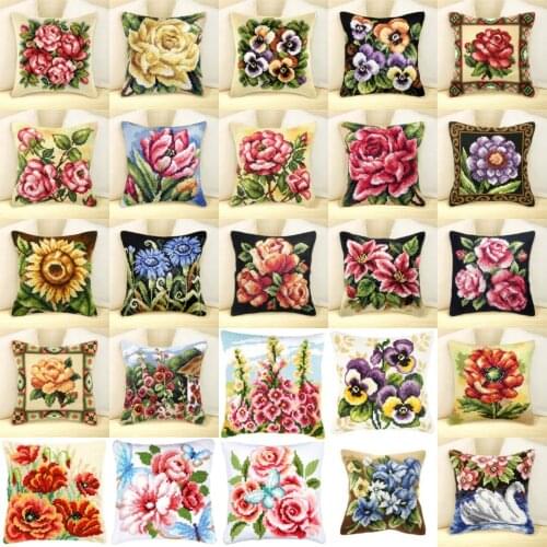 125 flowers NEW DIY Needlework Kit Acrylic Yarn Embroidery Pillow Tapestry Canvas Cushion Front Cross Stitch Pillowcase