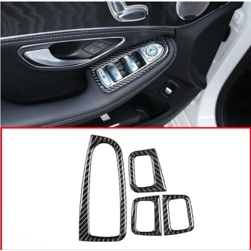 4pcs Real Carbon Fiber Car Window Lift Switch Button Frame Stickers For Mercedes Benz C Class W205 GLC X253 260 C180 C200