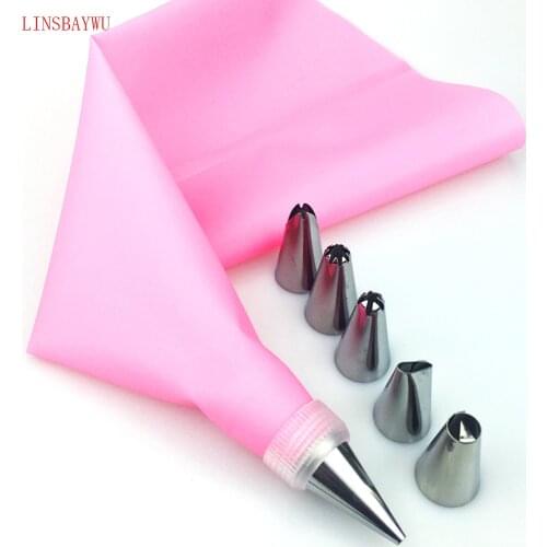 8 PCS/set Silicone Kitchen Accessories Icing Piping Cream Pink Pastry Bag + 6 Stainless Steel Nozzle DIY Cake Decorating Tips