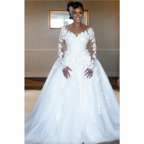 Ball Gown Lace Applique Plus Size Wedding Dresses Bridal Gowns Robes De Mariée Long Sleeves Tulle Vestidos De Novia