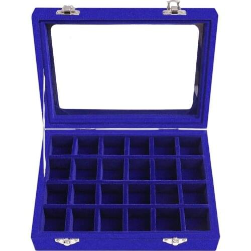 24 Grids Velvet Glass Jewellery Ring Display Organiser Box Earrings Storage Holder Jewellery Display Box