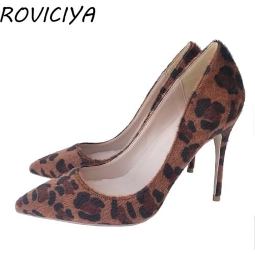Leopard horsehair pointed toe brand shoes lady pumps women shoes high heels party shoes woman brown black BM008 ROVICIYA
