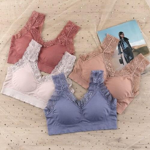Women Bra Top Sexy Lace Shoulder Strap Seamless Lingerie Ladies Gather Soft Padded Bralette Underwear Solid Color Vest Brassiere