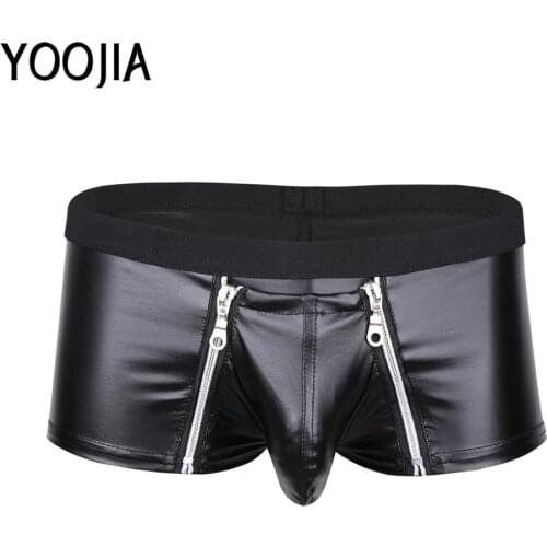 Black Mens Sexy Faux Leather Boxer Briefs Underwear With Double Zip Pockets Low Waist Elastic Waist Panties Underwear