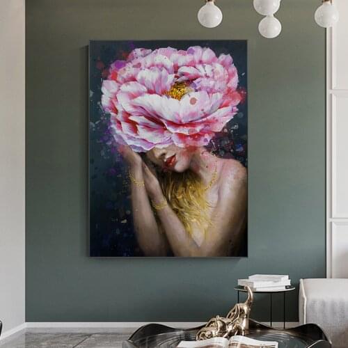Flowers Feathers Woman Abstract Canvas Painting Wall Art Print Poster Modern Picture Decorative Painting Living Room Home Decor