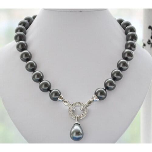 Shipping14mm round black SHELL PEARL NECKLACE Drip pendant 17inch