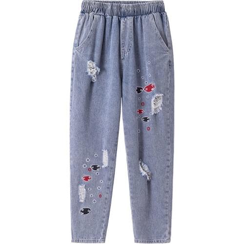 Harem Jeans Women Long Cartoon Pants Fashion Hole Elastic Big Size Straight Loose Waist Denim 2020 Fashion Trousers