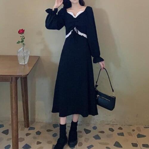 HOUZHOU Elegant Vintage Dress Women Black Sexy Lace Bandage Long Sleeve Dresses Spring Autumn Streetwear 2021 Fashion Outfits