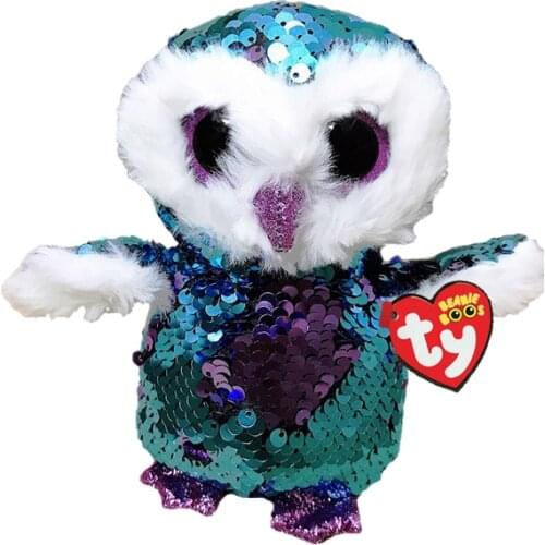 Ty Flippables Big Eyes 6" 15 cm Reversible Sequin Blue Owl Sparkling Plush Toy Collection Animal Doll Lovely Boys and Girls Gift