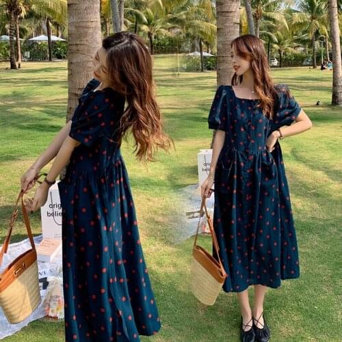 Summer Korean Fashion Maternity Long Dress Elegant A Line Loose Clothes for Pregnant Women Slim Waist Pregnancy Dress