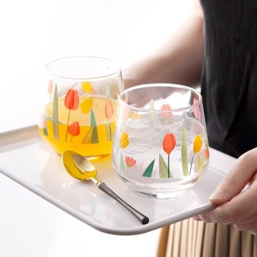 LOVWISH 2 PCS Glass Breakfast Cup Tulip Print Cups Tea Juice Mugs Water Cup Drink