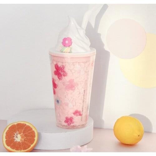 Cute Water Cups Double Sippy Cup Korean Cartoon Marshmallow Ice Cream Pink Sakura Plastic Novelty Gift Drinking Cup