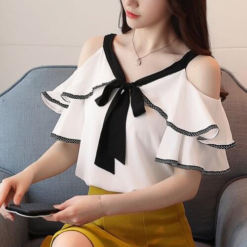 New 2021 Spring Short Sleeve Chiffon Shirt Temperament Sweet Ruffled V-neck Strapless off Shoulder Top Lady Blouse 991A D598 30