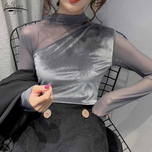 2021 New Mesh Splicing Tops Winter Fashion Bottoming Shirt Slim Long Sleeve Half Turtleneck Pullover Solid Shirts Blusas 11415