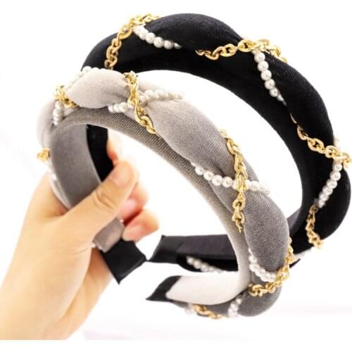 New Winter Velvet Headband Metal Chain Pearl Hairbands European American Hair Accessories Twist Headwear for Women Girls