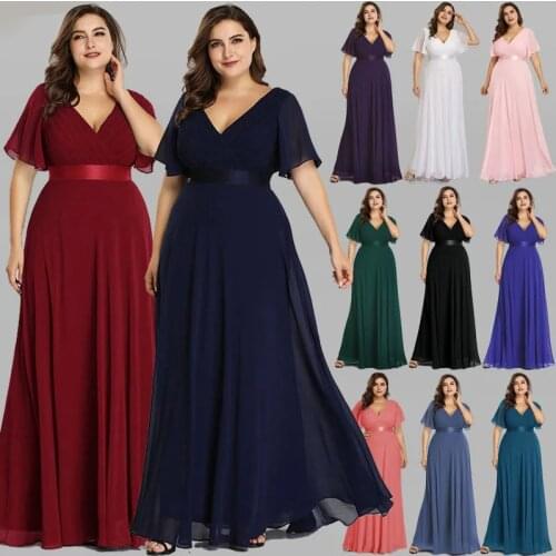 Plus Size Evening Dress Chiffon V-neck High Waist Sleeve Elegant and Thin Sleeve Dresses in Various Colors to Ankles