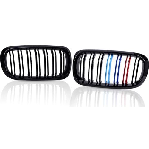 Runmade For 14-18 BMW X5 X6 F15 F16 Glossy Black Dual Slats ABS Front Bumper Kidney Grille Grill Double Line M Color Tri-Color