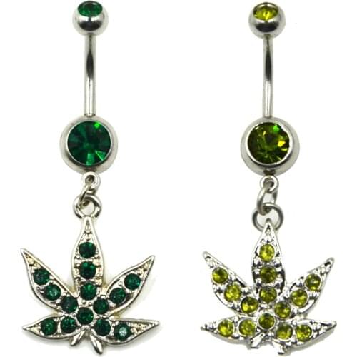 Showlove-Hot Sale Pot Leaf Dangling Navel Belly Button Ring Piercing Bar 16G Body Jewelry