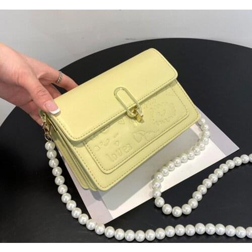Pearl Chain Crossbody Bags for Women Pu Leather Handbag Small Flap Messenger Bag Yellow Kawaii Pattern Female Shoulder Bag Bolsa