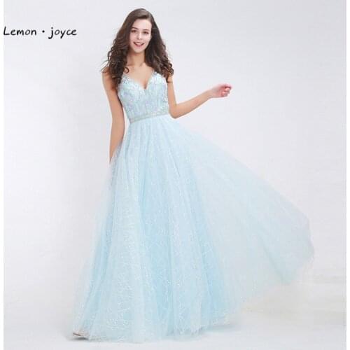 Light Blue Prom Dress 2020 Double V-Neck Backless Beading Crystal Party Gowns Sleeveless Floor Length Tulle Prom Dresses