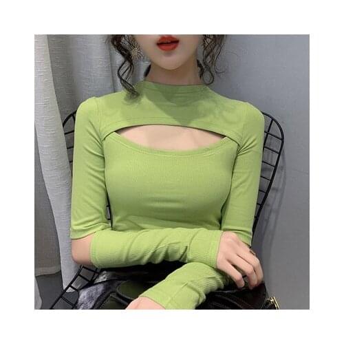 Women Solid Turtleneck Woman Tshirts 2021 Turtleneck Office Lady Full Hollow Out Green Tops for Women t Shirt