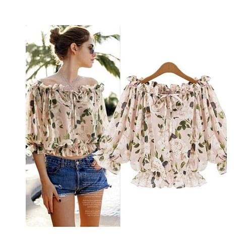 2020 Fashion Casual Women Blouses European US Hot Elastic Waisted Horizontal Neck off-Shoulder Chiffon Shirt Women Tops