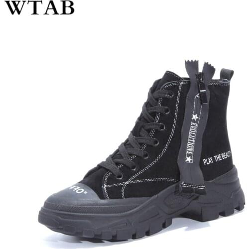 WTAB Women Zipper Black Equestrian Winter Boots For Women Autumn 2018 Fashion Round Toe Lace-up Combat Martin Boots Ladies Shoes