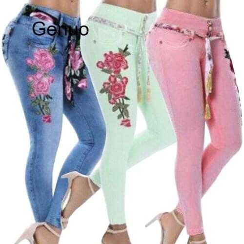 Women Stretch High Waist Skinny Embroidery Jeans Floral Print Denim Pants Trousers Women Pencil Pant Plus Size