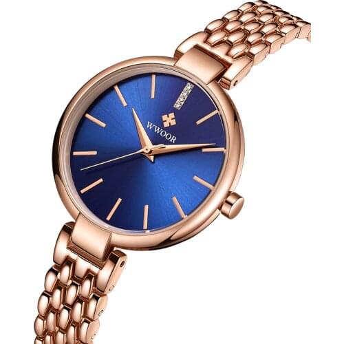 WWOOR Rose Gold Watch Women Quartz Watches Ladies Top Brand Crystal Luxury Female Wrist Watch Girl Clock Relogio Feminino Blue