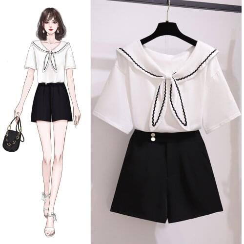 Korean preppy sweet 2 pieces shorts sets summer sailor collar white tops and shorts 2 pieces sets women two pieces outfits