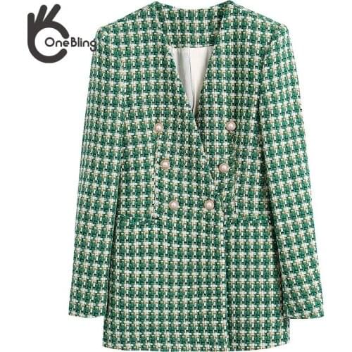 OneBling 2021 Za Woman Casual Traf Coats Autumn Winter Thick Green Tweed Woolen Blazers V Neck Ornate Buttons Female Jacket