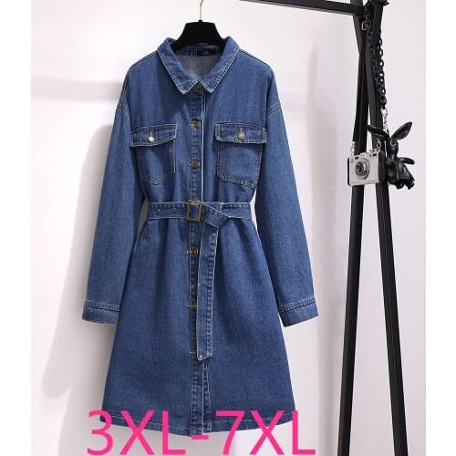 New autumn winter plus size denim dress for women large loose casual long sleeves lapel dresses belt blue 3XL 4XL 5XL 6XL 7XL