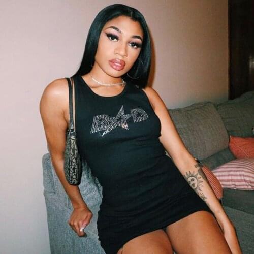 Sexy Mini Dress Summer Women Sleeveless Sequined Fashion Streetwear Letter Print Outfits Y2K Party Clothing 2021