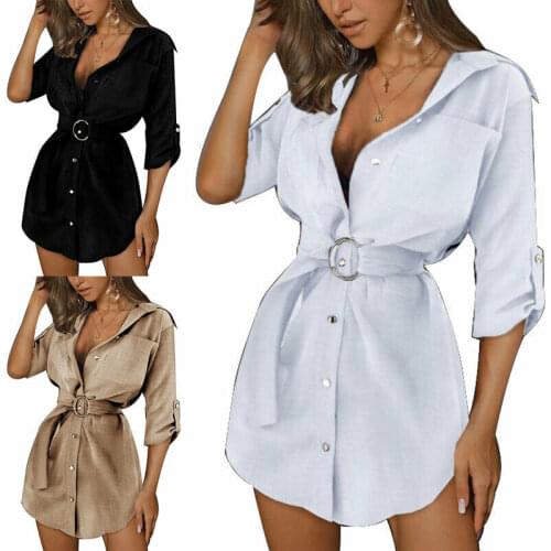 Women Autumn Button Mini T Shirt Dress Casual Solid Belt Blouse Pullovers