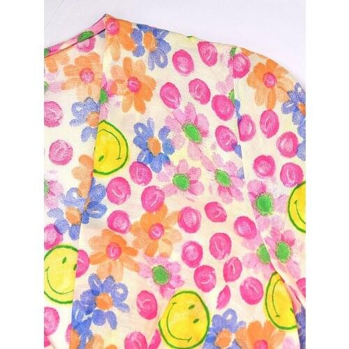 2021 Spring and Summer New Sweet Style V-neck Smiley Print Pleated Ruffle Dress