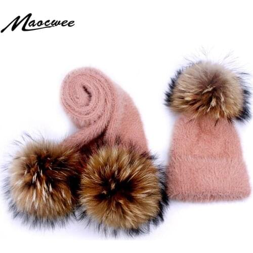 Winter Real Fur Pompon Mink Hair Beanie Hat Scarf Set For Children Women Outdoor Warm Soft Crochet Skullies Beanies Hats Scarf