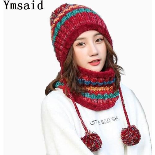 Winter Women Knitted Hat Scarf 2Pcs Set Fashion Wool Thickening Hat Collars Female Warm Hat Scarf Set Snow Caps