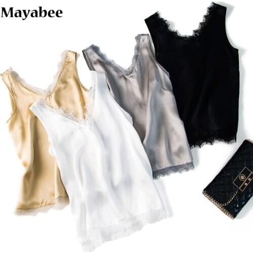 2021 Spring And Summer New Mulberry Silk Lace V-Neck Vest Short Loose Wild Suspender Bottoming Shirt Top Womens Clothing